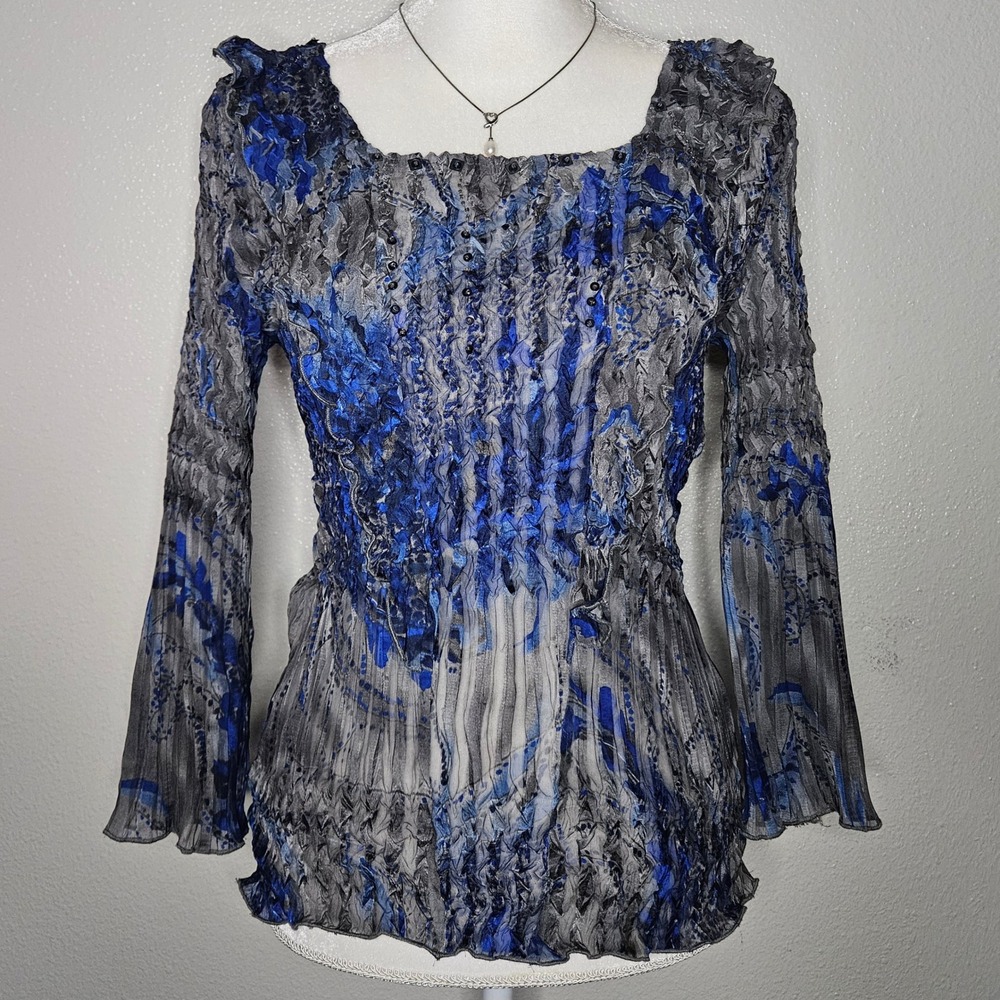 Alberto Makali Blue Grey Crinkle Beaded Sequin Bell Sleeve Blouse